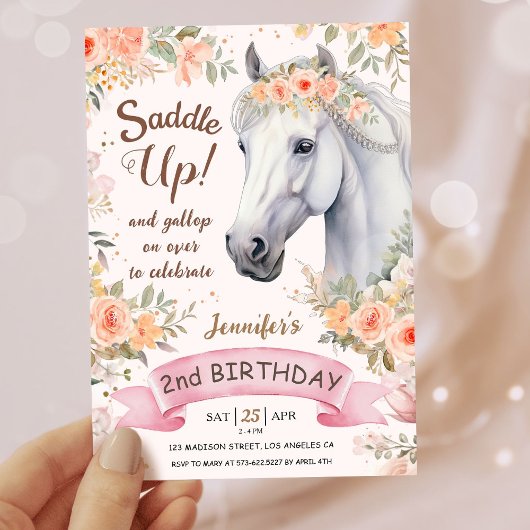 Invitation Filles Cheval 2e anniversaire Pink Floral Saddup