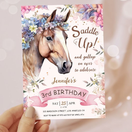 Invitation Filles Cheval 3e anniversaire Floral Saddle Up!