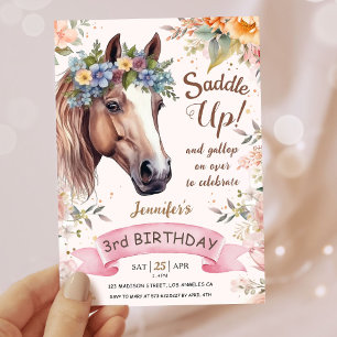 Invitation Filles Cheval 3e anniversaire Pink Floral Saddup