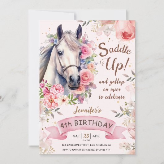 Invitation Filles Cheval 4e anniversaire Fleurs en fleurs Sad (Devant)