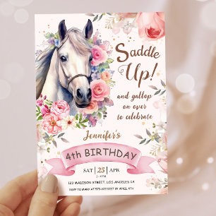 Invitation Filles Cheval 4e anniversaire Fleurs en fleurs Sad
