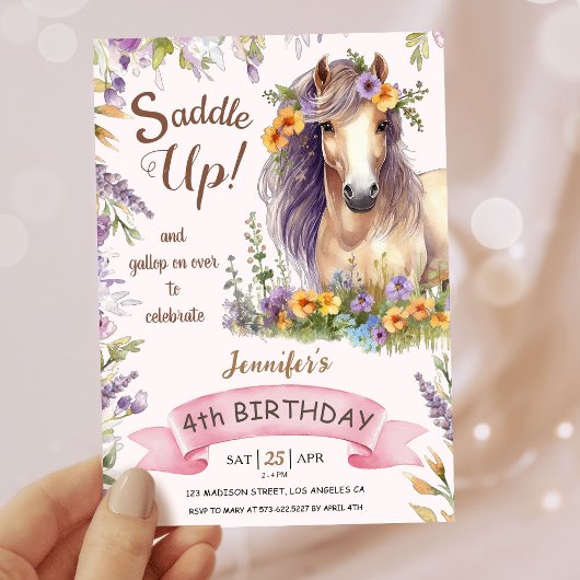 Invitation Filles Cheval 4e anniversaire Purple Floral Saddup