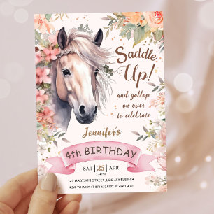 Invitation Filles Cheval 4ème Anniversaire Floral Sauvage Sad