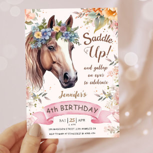 Invitation Filles Cheval 4ème Anniversaire Rose Floral Saddle