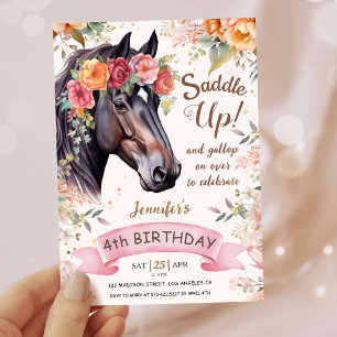 Invitation Filles Cheval 4ème Anniversaire Selle de Cowgirl R
