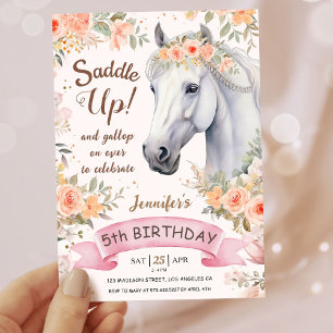 Invitation Filles Cheval 5ème Anniversaire Rose Floral Saddle