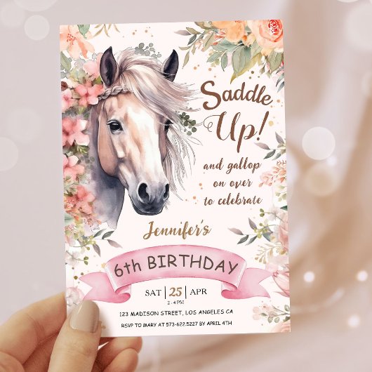 Invitation Filles Cheval 6e anniversaire Floral Selle Up