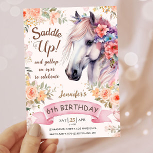 Invitation Filles Cheval 6ème Anniversaire Fleurs Roses En Se