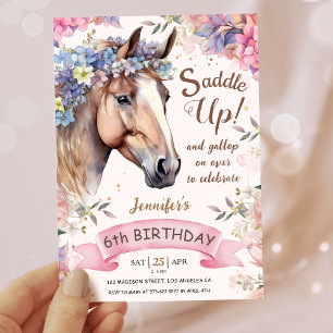 Invitation Filles Cheval 6ème Anniversaire Floral Enfourchez