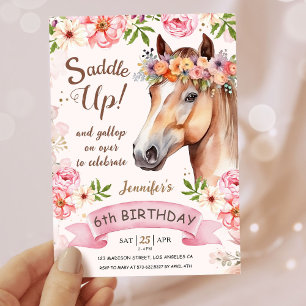 Invitation Filles Cheval 6ème Anniversaire Floral Saddle Up!