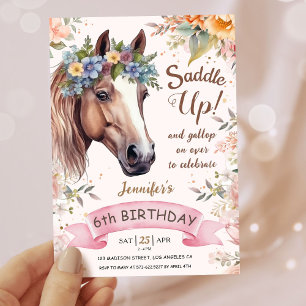 Invitation Filles Cheval 6ème Anniversaire Rose Floral Saddle