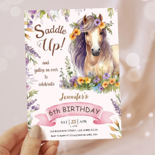 Invitation Filles Cheval 6ème Anniversaire Violet Floral Sadd