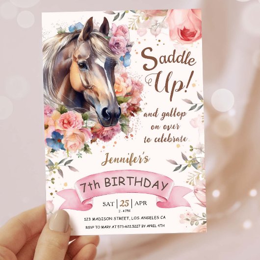Invitation Filles Cheval 7e anniversaire Cowgirl Saddle Up!
