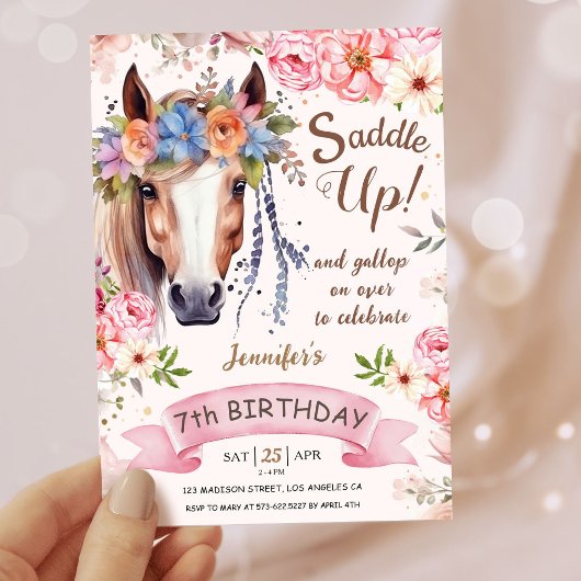 Invitation Filles Cheval 7e anniversaire Pink Floral Cowgirl