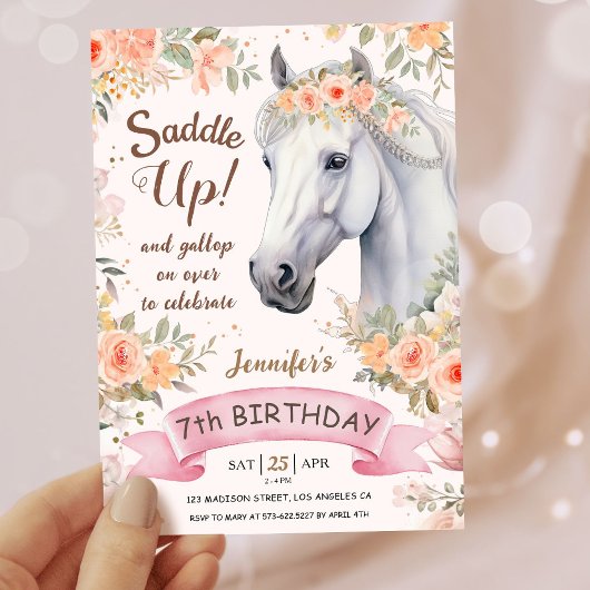 Invitation Filles Cheval 7e anniversaire Pink Floral Saddup