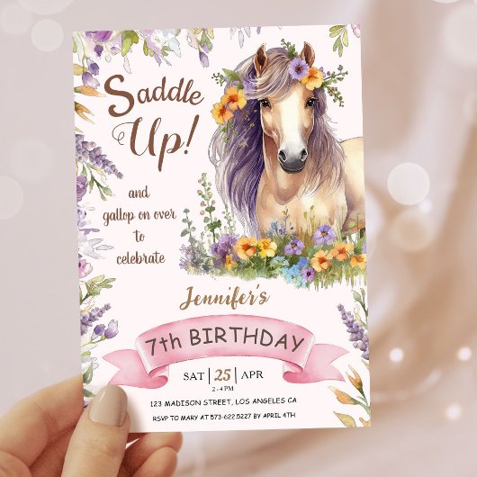Invitation Filles Cheval 7e anniversaire Purple Floral Saddup