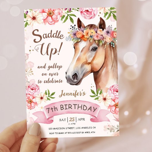 Invitation Filles Cheval 7e anniversaire Saddle Floral Up!