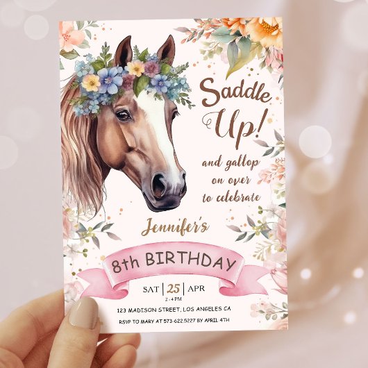 Invitation Filles Cheval 8e anniversaire Pink Floral Saddup