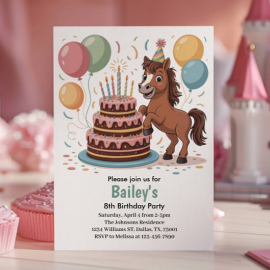 Invitation Filles Cheval 8e Fête d'Anniversaire