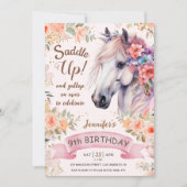Invitation Filles Cheval 9e Anniversaire Fleurs roses Saddup! (Devant)
