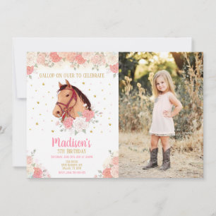 Invitation Filles Cheval Aquarelle Floral Photo Anniversaire