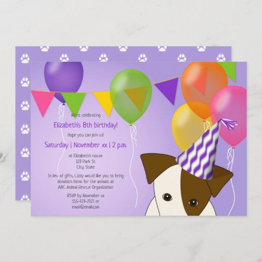 Invitation filles chiot anniversaire violet ballons multicolo (Devant / Derrière)