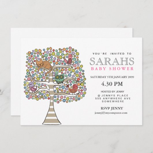 Invitation Filles Chouette Baby shower Chat et oiseaux Invita (Devant / Derrière)