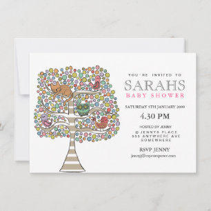 Invitation Filles Chouette Baby shower Chat et oiseaux Invita