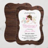 Invitation Filles CHRISTENING et 1er anniversaire Fille Flora (Devant / Derrière)