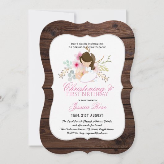 Invitation Filles CHRISTENING et 1er anniversaire Fille Flora (Devant)