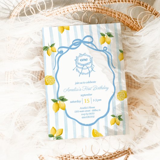 Invitation Filles Citron bleu Amalfi Aquarelle 1er anniversai