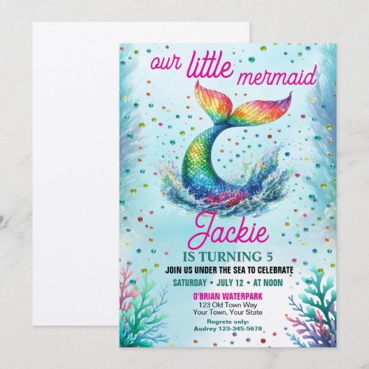 Invitation Filles colorées Notre Petite Sirène Anniversaire (Devant / Derrière)