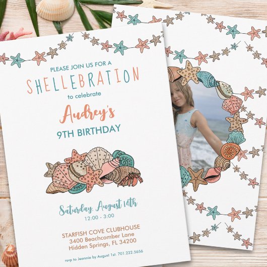 Invitation Filles Coquillages Plage Anniversaire