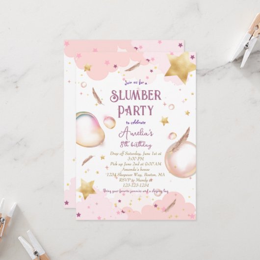 Invitation Filles couchage Pastel Pink Stwood fête d'annivers (Devant/Arrière en situation)