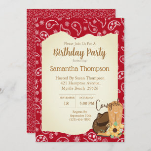Invitation Filles Cowboy Anniversaire Bandana Rouge Tournesol