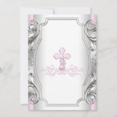 Invitation Filles Croix Argent Rose Baptême Fille (Devant)