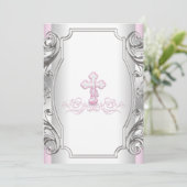 Invitation Filles Croix Argent Rose Baptême Fille (Debout devant)