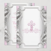 Invitation Filles Croix Argent Rose Baptême Fille (Devant / Derrière)