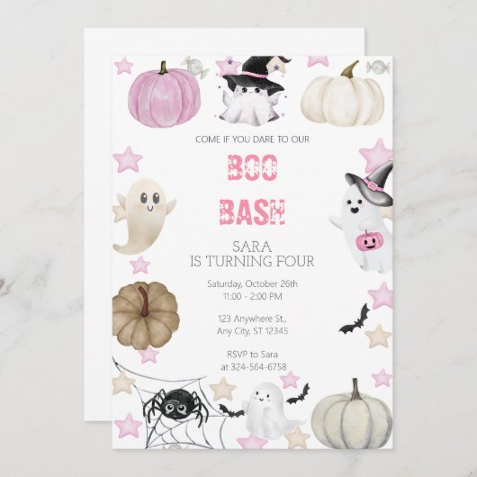 Invitation Filles d'anniversaire d'Halloween - Boo Bash Ghost (Devant / Derrière)