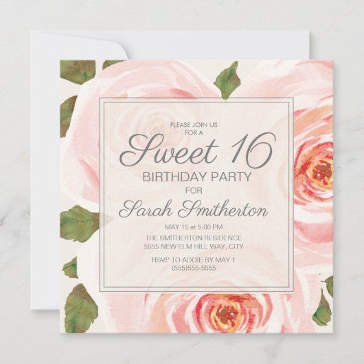 Invitation Filles de 16 ans Fleuris Rose Blush (Devant)