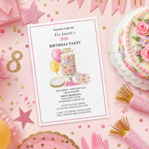 Invitation Filles de 8 ans Gâteau d'anniversaire floral et ba