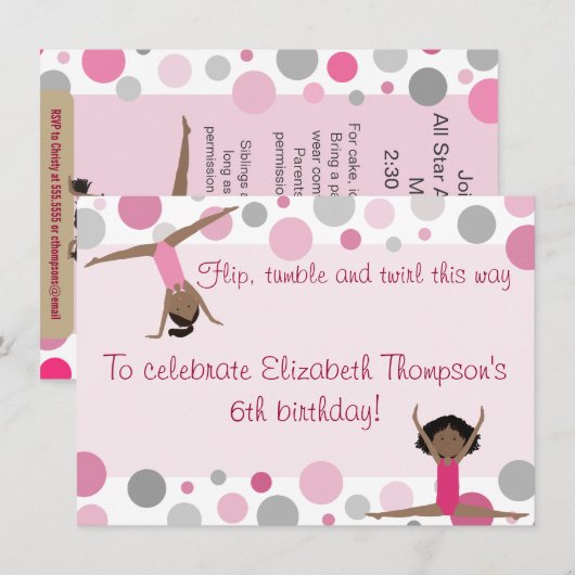 Invitation Filles de cheveux foncés de partie de gymnastique (Devant / Derrière)