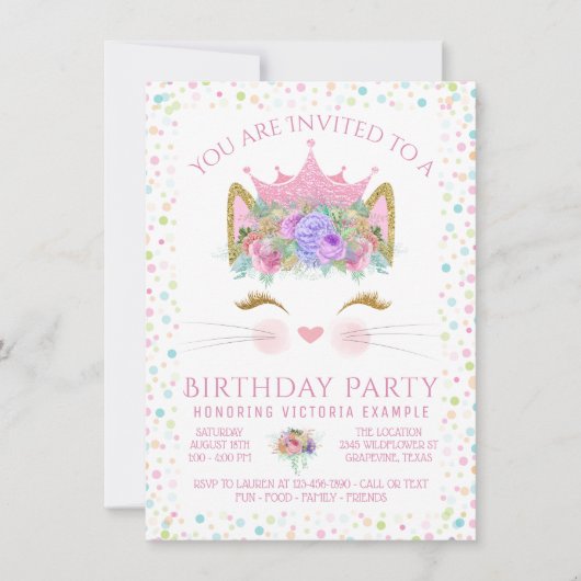 Invitation Filles de confettis de chat Kitty pour fête d'anni (Devant)