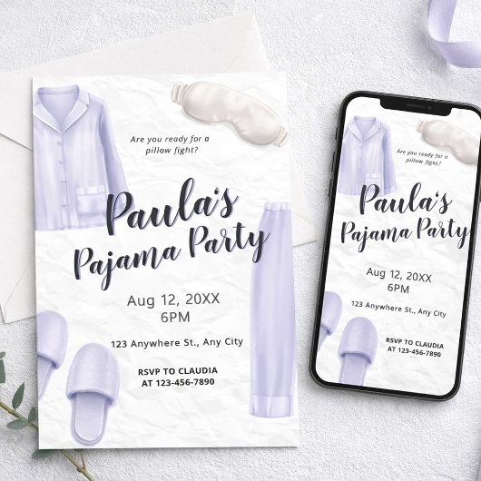 Invitation Filles de couleur lilas clair, soirée pyjama entre