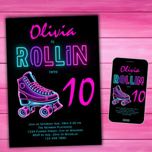 Invitation Filles de fête à roulettes néon Glow Birthday