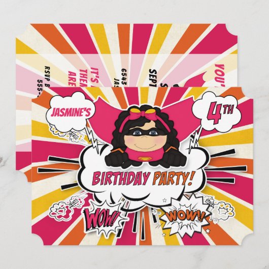 Invitation Filles de fête de 4e anniversaire Superhero Pink C (Devant / Derrière)