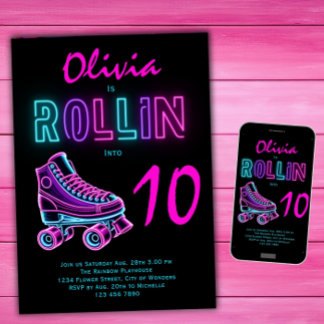 Invitation Filles de fête de roller skating néon glow anniver