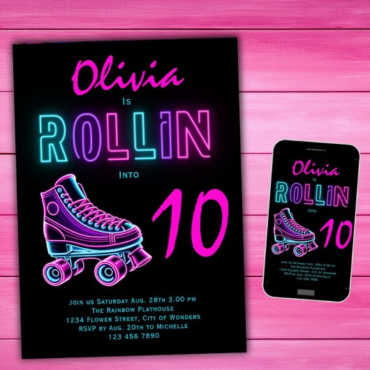 Invitation Filles de fête de roller skating néon glow anniver