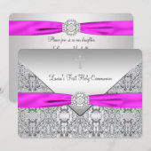 Invitation Filles de la Croix Rose Première Communion (Devant / Derrière)