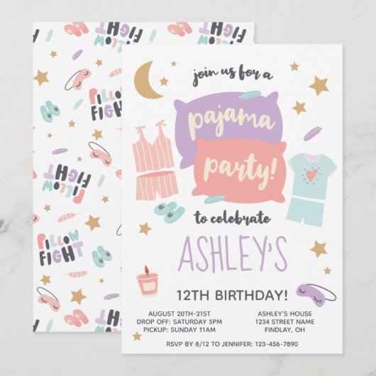 Invitation Filles de la fête du pyjama fête d'anniversaire, t (Devant / Derrière)